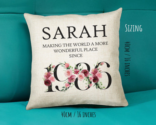 40th Birthday Gift for Women - Personalised 1986 Birthday Cushion Age 40 Gift for Her Ladies Floral Design Mum Daughter Sister Forty BND40C