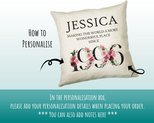 30th Birthday Gift for Her Personalised 1996 Birthday Cushion Age 30 Gift for Women - Ladies Floral Design Mum Daughter Sister Thirty BND30C