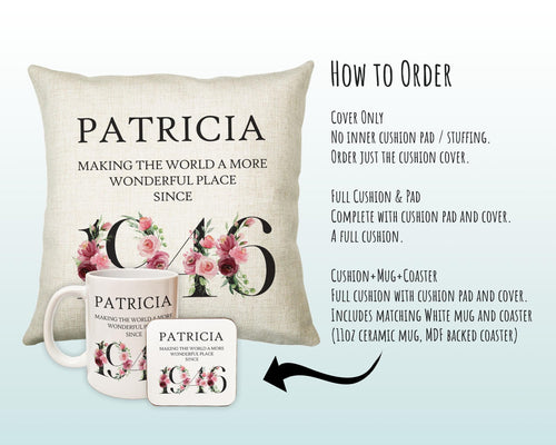 80th Birthday Gift for Women - Personalised 1946 Birthday Cushion Age 80 Gift for Her - Ladies Floral Age Design Mum Nan Gran Eighty BND80C