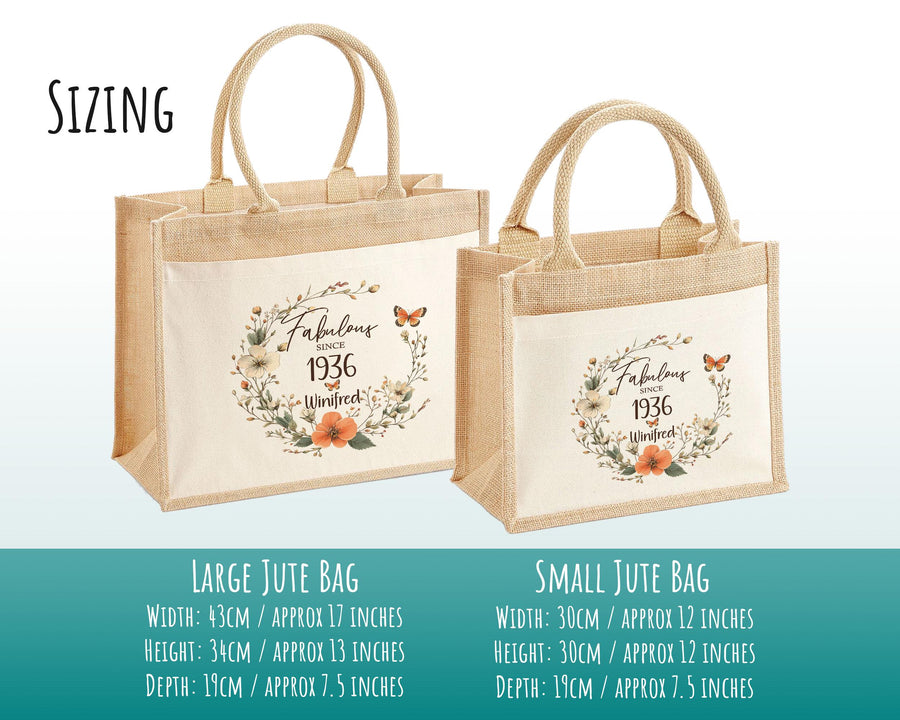 90th Birthday Gift For Women Personalised Jute Bag - Gift For Her Floral Tote Bag Gifts - Ninety 90 Fabulous Since 1936 Shopping Bag BNL90T