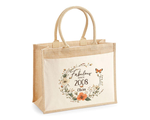 18th Birthday Gift For Her Personalised Jute Bag - Gift For Women Floral Tote Bag Gift - Eighteen 18 Fabulous Since 2008 Shopping Bag BNL18T