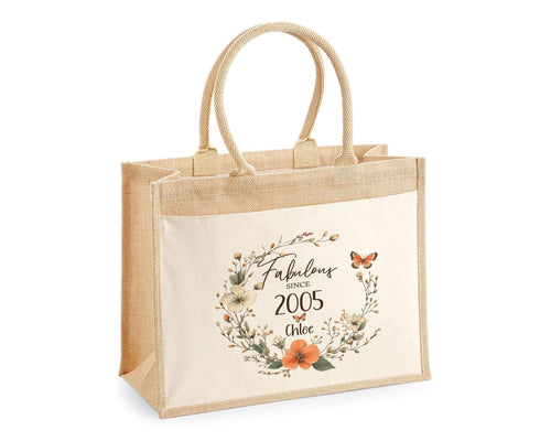21st Birthday Gift For Women Personalised Jute Bag - Gift For Her Floral Tote Bag - Twenty One 21 Fabulous Since 2005 Shopping Bag BNL21T