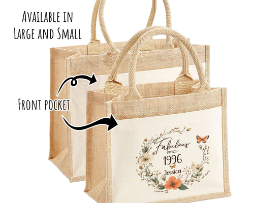 30th Birthday Gift For Her Personalised Jute Bag - Gift For Women Floral Tote Bag Gifts - Thirty 30 Fabulous Since 1996 Shopping Bag BNL30T