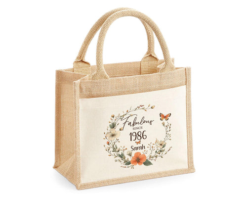 40th Birthday Gift For Women Personalised Jute Bag - Gift For Her Floral Tote Bag Gifts - Forty 40 Fabulous Since 1986 Shopping Bag BNL40T