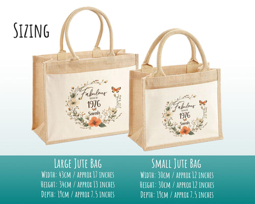 50th Birthday Gift For Women Personalised Jute Bag - Gift For Her Floral Tote Bag Gifts - Fifty 50 Fabulous Since 1976 Shopping Bag BNL50T