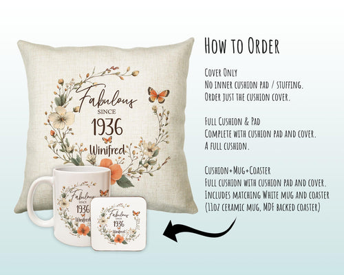 90th Birthday Gift for Women - Personalised 1936 Birthday Cushion Age 90 Gift for Her - Ladies Floral Age Design Mum Nan Gran Ninety BNL90C