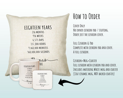 18th Birthday Gift for Men - Personalised Birthday Cushion Age 18 Gift for Him Mens Years Months Weeks Design - Son Brother Eighteen BNE18C