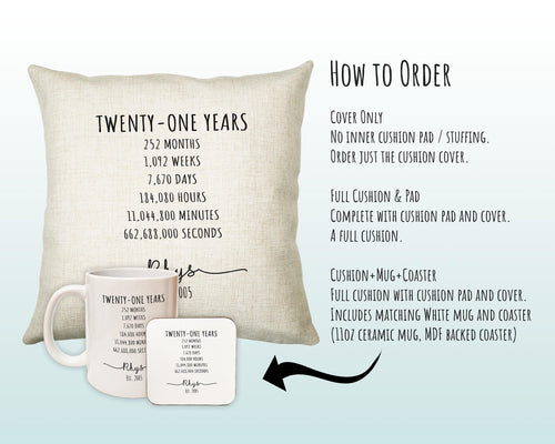 21st Birthday Gift for Men - Personalised Birthday Cushion Age 21 Gift for Him Mens Years Months Weeks Design Son Brother Twenty One BNE21C