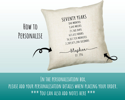 70th Birthday Gift for Men - Personalised Birthday Cushion Age 70 Gift for Him Mens Years Months Weeks Design Dad Grandad Seventy BNE70C