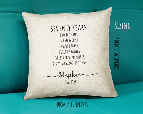 70th Birthday Gift for Men - Personalised Birthday Cushion Age 70 Gift for Him Mens Years Months Weeks Design Dad Grandad Seventy BNE70C