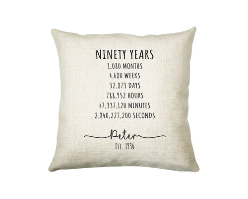 90th Birthday Gift for Men - Personalised Birthday Cushion Age 90 Gift for Him Mens Years Months Weeks Design Dad Grandad Ninety BNE90C