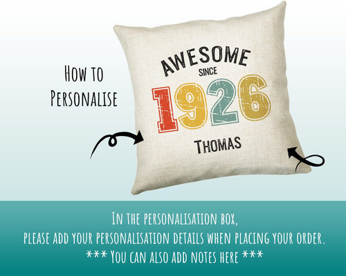 100th Birthday Gift for Men - Personalised Birthday Cushion Age 100 Gift for Him Custom Retro Number Design Dad Grandad Ninety BNG100C