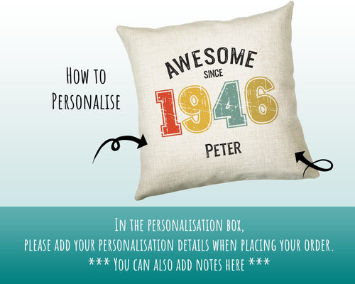 80th Birthday Gift for Men - Personalised Birthday Cushion Age 80 Gift for Him Custom Retro Vintage Number Design Dad Grandad Eighty BNG80C