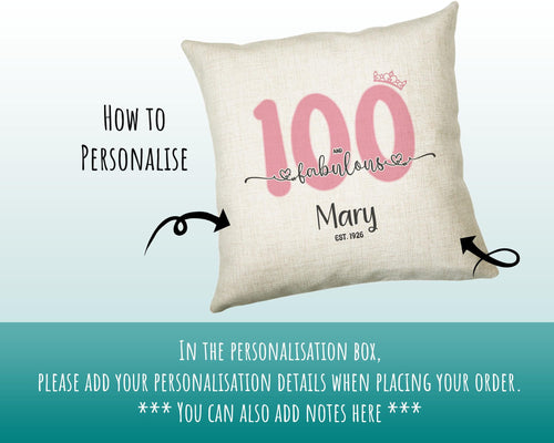 100th Birthday Gift for Women 100 and Fabulous Est 1926 Personalised Birthday Cushion Gift for Her Ladies Pink Design Nan Hundred BNH100C