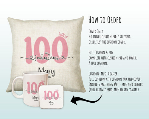 100th Birthday Gift for Women 100 and Fabulous Est 1926 Personalised Birthday Cushion Gift for Her Ladies Pink Design Nan Hundred BNH100C