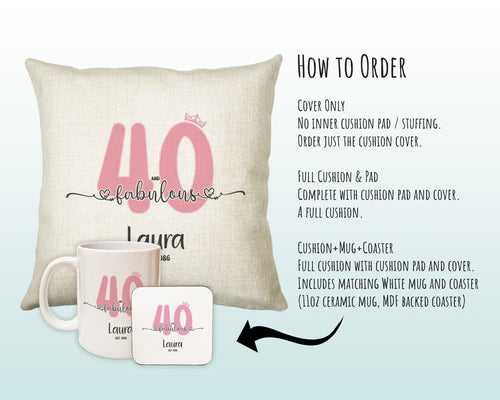40th Birthday Gift for Women 40 and Fabulous Est 1986 Personalised Birthday Cushion Gift for Her Ladies Pink Design Mum Nanny Forty BNH40C