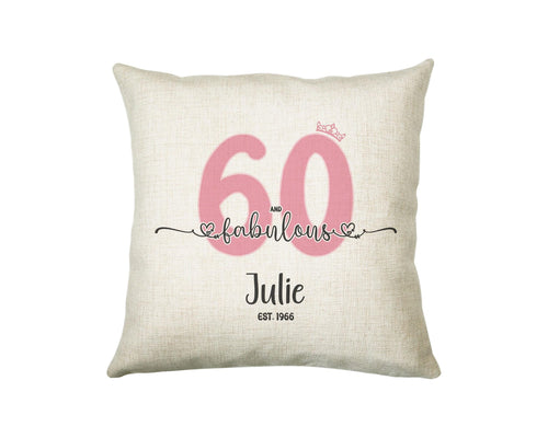60th Birthday Gift for Women 60 and Fabulous Est 1966 Personalised Birthday Cushion Gift for Her Ladies Pink Design Mum Nanny Sixty BNH60C