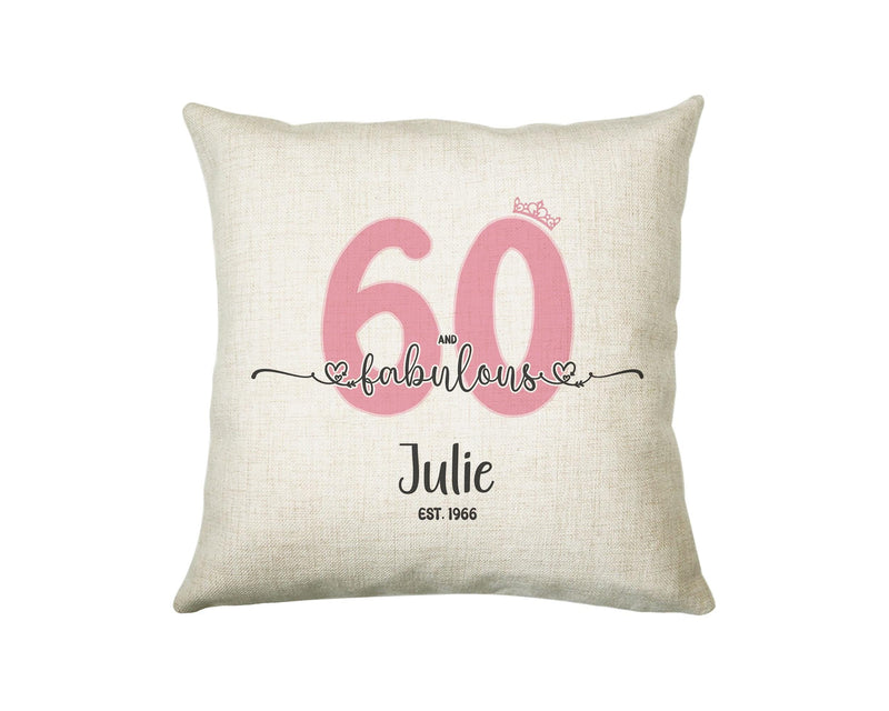 60th Birthday Gift for Women 60 and Fabulous Est 1966 Personalised Birthday Cushion Gift for Her Ladies Pink Design Mum Nanny Sixty BNH60C