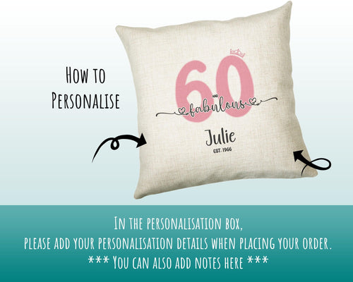 60th Birthday Gift for Women 60 and Fabulous Est 1966 Personalised Birthday Cushion Gift for Her Ladies Pink Design Mum Nanny Sixty BNH60C