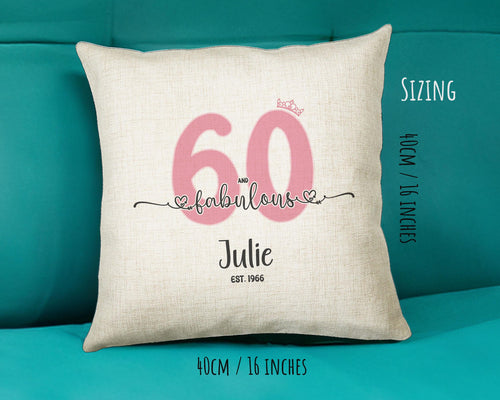 60th Birthday Gift for Women 60 and Fabulous Est 1966 Personalised Birthday Cushion Gift for Her Ladies Pink Design Mum Nanny Sixty BNH60C