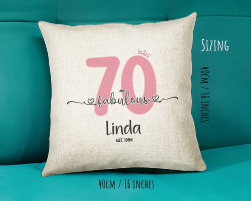 70th Birthday Gift for Women 70 and Fabulous Est 1956 Personalised Birthday Cushion Gift for Her Ladies Pink Design Mum Nanny Seventy BNH70C