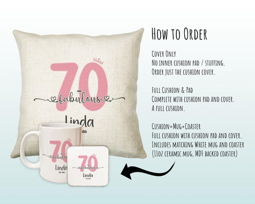70th Birthday Gift for Women 70 and Fabulous Est 1956 Personalised Birthday Cushion Gift for Her Ladies Pink Design Mum Nanny Seventy BNH70C