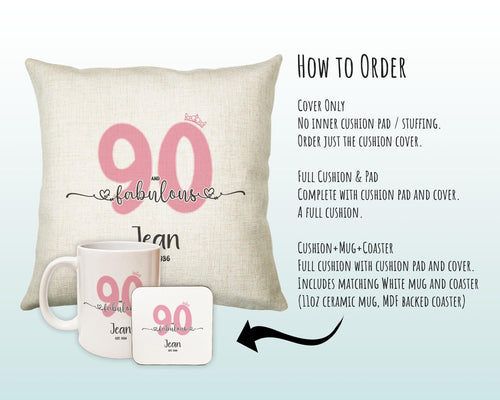 90th Birthday Gift for Women 90 and Fabulous Est 1936 Personalised Birthday Cushion Gift for Her Ladies Pink Design Mum Nanny Ninety BNH90C