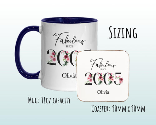21st Birthday Gift for Her - Fabulous Since 2005 Personalised Coffee Mug Coaster Age 21 Gift for Women Ladies Floral Design Daughter BNC21M