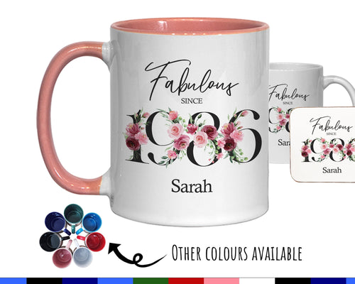 40th Birthday Gift for Women - Fabulous Since 1986 Personalised Coffee Mug Coaster Age 40 Gift for Her - Ladies Floral Design Mum Nan BNC40M