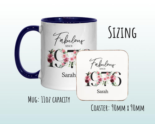 50th Birthday Gift for Women - Fabulous Since 1976 Personalised Coffee Mug Coaster Age 50 Gift for Her - Ladies Floral Design Mum BNC50M
