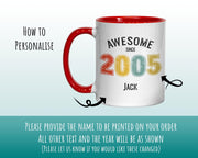 21st Birthday Gift for Men - Awesome Since 2005 Personalised Coffee Mug Coaster Age 21 Gift for Him - Retro Number Design Soy Brother BNG21M
