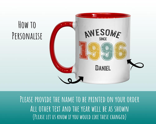 30th Birthday Gift for Men - Awesome Since 1996 Personalised Coffee Mug Coaster Age 30 Gift for Him - Retro Number Design Son Brother BNG30M