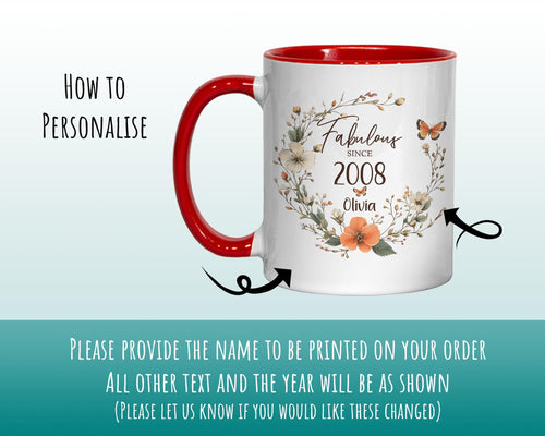 18th Birthday Gift for Her - Fabulous Since 2008 Personalised Mug Coaster Age 18 Gift for Women Ladies Floral Butterfly Daughter Girl BNL18M