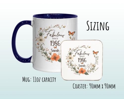 40th Birthday Gift for Her - Fabulous Since 1986 Personalised Mug Coaster Age 40 Gift for Women Ladies Floral Butterfly Daughter Girl BNL40M