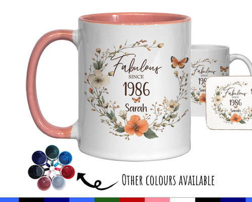 40th Birthday Gift for Her - Fabulous Since 1986 Personalised Mug Coaster Age 40 Gift for Women Ladies Floral Butterfly Daughter Girl BNL40M