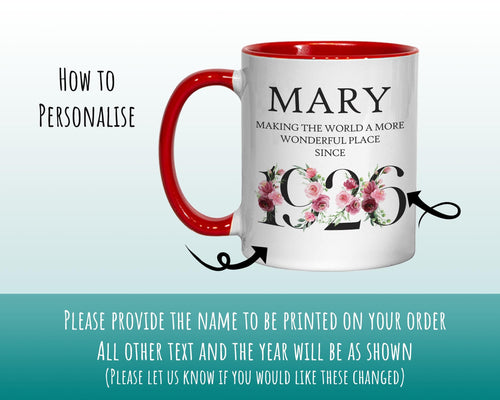 100th Birthday Gift for Women - Wonderful Since 1926 Personalised Coffee Mug Coaster 100 Gift for Her Ladies Floral Design Nan Gran BND100M