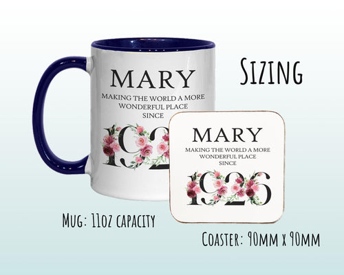 100th Birthday Gift for Women - Wonderful Since 1926 Personalised Coffee Mug Coaster 100 Gift for Her Ladies Floral Design Nan Gran BND100M
