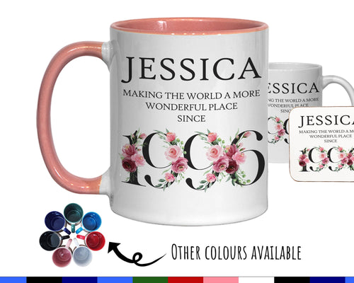 30th Birthday Gift for Her - Wonderful Since 1996 Personalised Coffee Mug Coaster Age 30 Gift for Women Ladies Floral Design Mum Nan BND30M