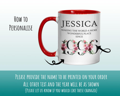 30th Birthday Gift for Her - Wonderful Since 1996 Personalised Coffee Mug Coaster Age 30 Gift for Women Ladies Floral Design Mum Nan BND30M