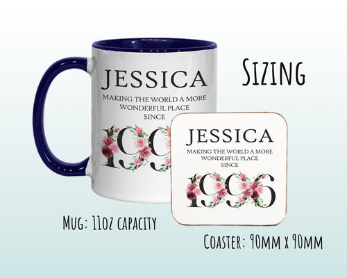 30th Birthday Gift for Her - Wonderful Since 1996 Personalised Coffee Mug Coaster Age 30 Gift for Women Ladies Floral Design Mum Nan BND30M
