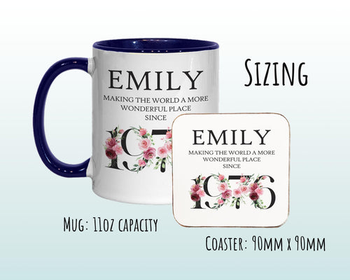 50th Birthday Gift for Women - Wonderful Since 1976 Personalised Coffee Mug Coaster Age 50 Gift for Her - Ladies Floral Design Mum BND50M