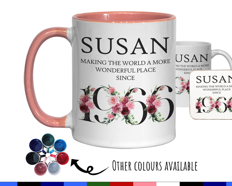 60th Birthday Gift for Women - Wonderful Since 1966 Personalised Coffee Mug Coaster Age 60 Gift for Her Ladies Floral Design Mum Nan BND60M