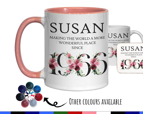 60th Birthday Gift for Women - Wonderful Since 1966 Personalised Coffee Mug Coaster Age 60 Gift for Her Ladies Floral Design Mum Nan BND60M