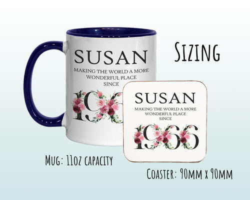 60th Birthday Gift for Women - Wonderful Since 1966 Personalised Coffee Mug Coaster Age 60 Gift for Her Ladies Floral Design Mum Nan BND60M