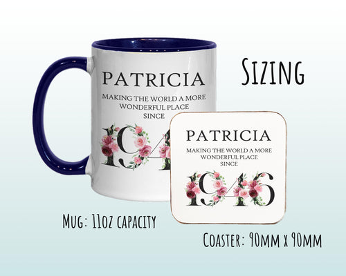 80th Birthday Gift for Women - Wonderful Since 1946 Personalised Coffee Mug Coaster 80 Gift for Her - Ladies Floral Design Nan Gran BND80M