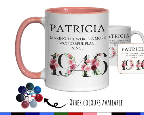 80th Birthday Gift for Women - Wonderful Since 1946 Personalised Coffee Mug Coaster 80 Gift for Her - Ladies Floral Design Nan Gran BND80M