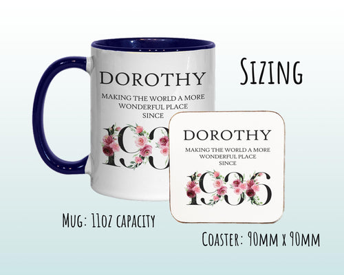 90th Birthday Gift for Women - Wonderful Since 1936 Personalised Coffee Mug Coaster 90 Gift for Her - Ladies Floral Design Nan Gran BND90M