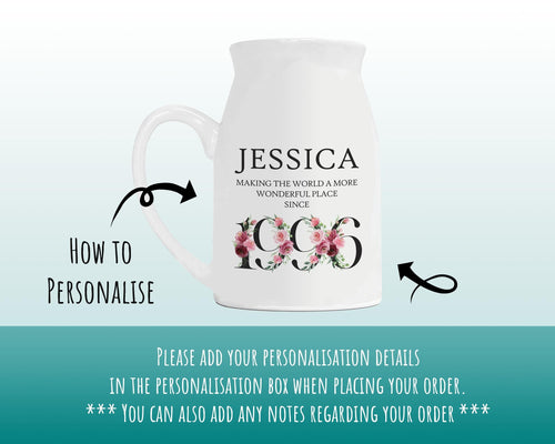 30th Birthday Gift for Her - Wonderful since 1996 Small Personalised Flower Pot Vase 30 Gifts for Women Floral Design Daughter Sister BND30