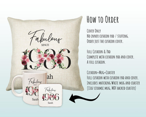 40th Birthday Gift for Women - Personalised 1986 Birthday Cushion Age 40 Gift for Her Ladies Floral Design Mum Daughter Sister Forty BNC40C