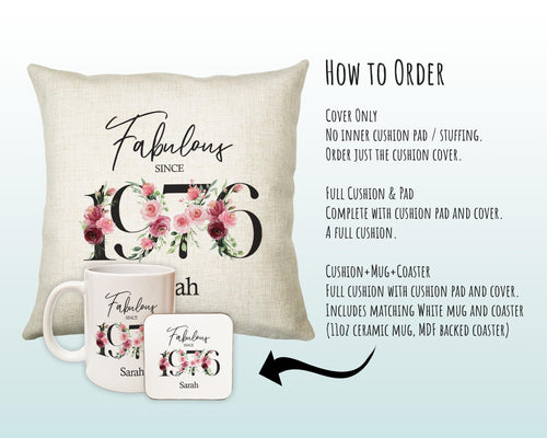 50th Birthday Gift for Women - Personalised 1976 Birthday Cushion Age 50 Gift for Her - Ladies Floral Design Mum Nan Sister Fifty BNC50C
